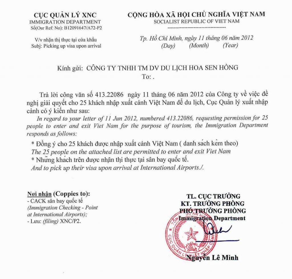 Approval Letter Visa für Vietnam