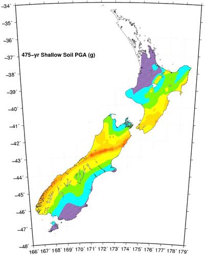 Erdbebengefährdung von Neuseeland (rot: besonders gefährdet) (c) M. Stirling et al., National Seismic Hazard Model for New Zealand: 2010 Update, Seismological Society of America