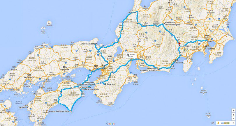 Unsere JapanReiseroute 2.200 Kilometer über drei Inseln