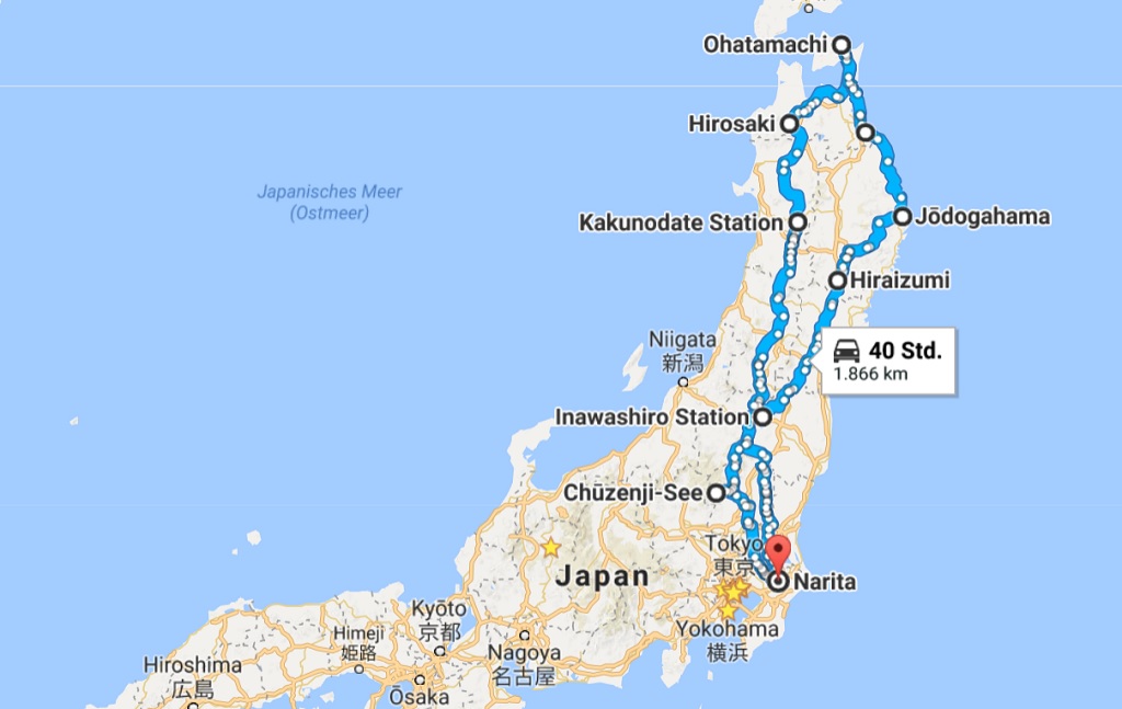 Japan Reiseroute durch Tohoku Google Maps