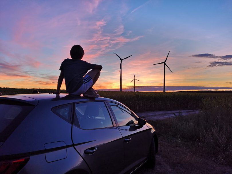 Leben ohne Auto Sonnenuntergang Windräder